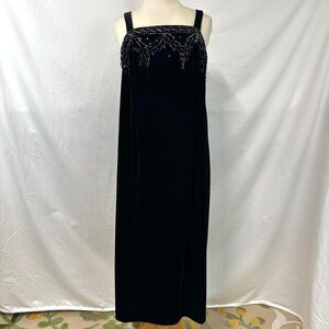 R&M Richards 90's Black Velvet Beaded Maxi Dress Square Neck Women Plus 16P Goth